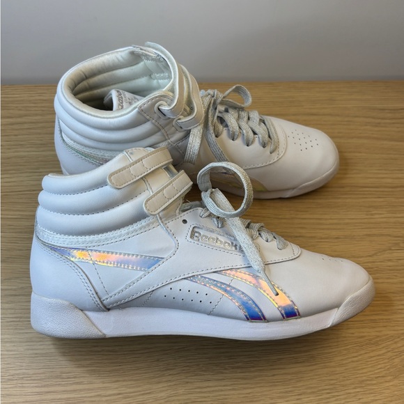 Reebok Shoes - Reebok Classic White Hightop Sneakers w/ Pink Iridescent Highlights Woman’s 7.5